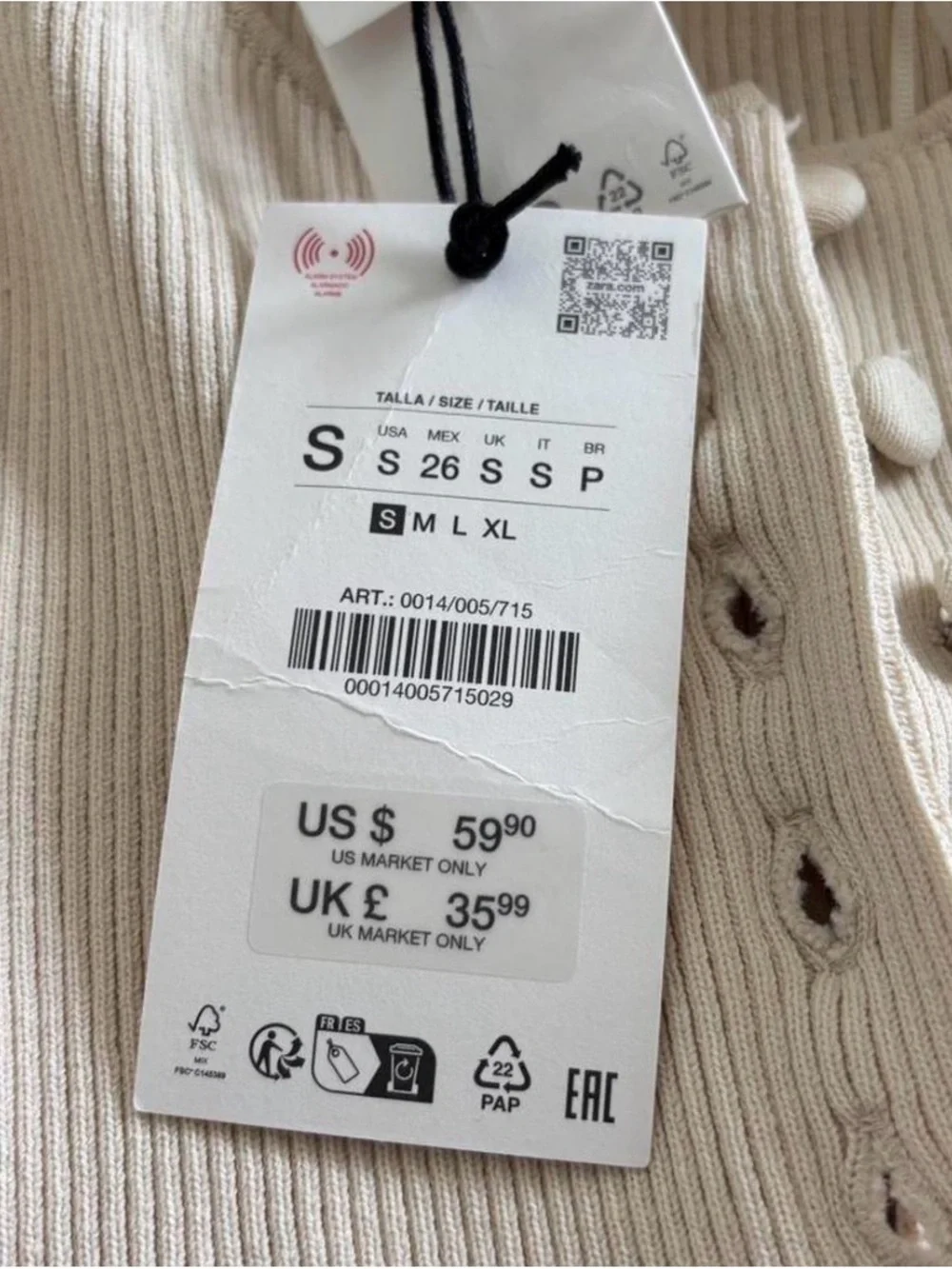 Zara Preppy Grunge Biker Office Work Cream Ribbed Button-Front Long Sleeve Top